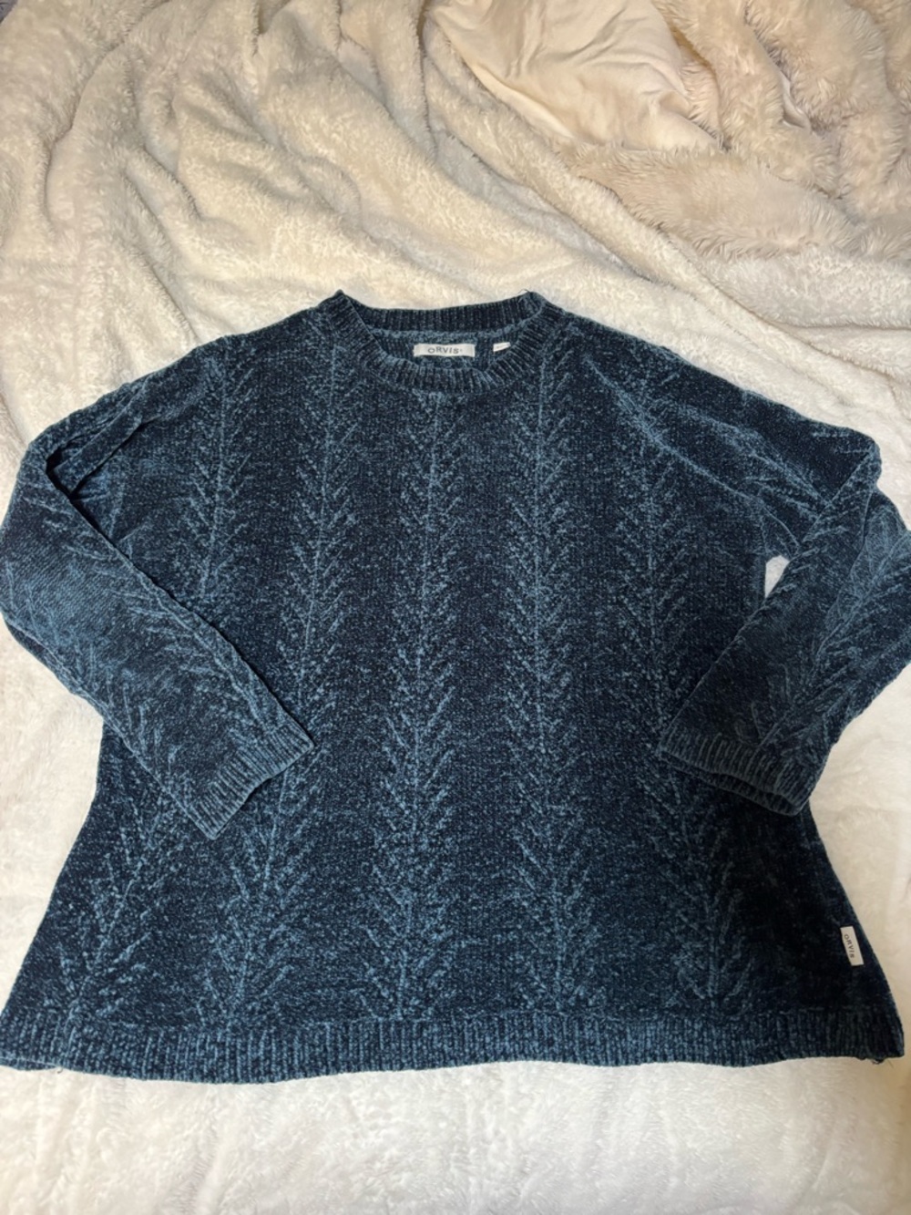 Orvis Blue Chenille Crewneck Relaxed Cozy Sweater Top